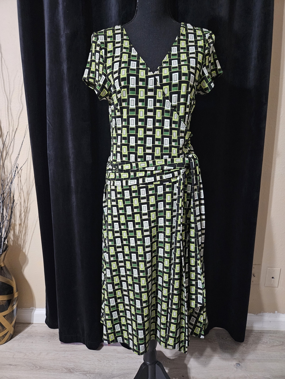 AB Studio Geometric Wrap Midi Dress in Green, Black and White